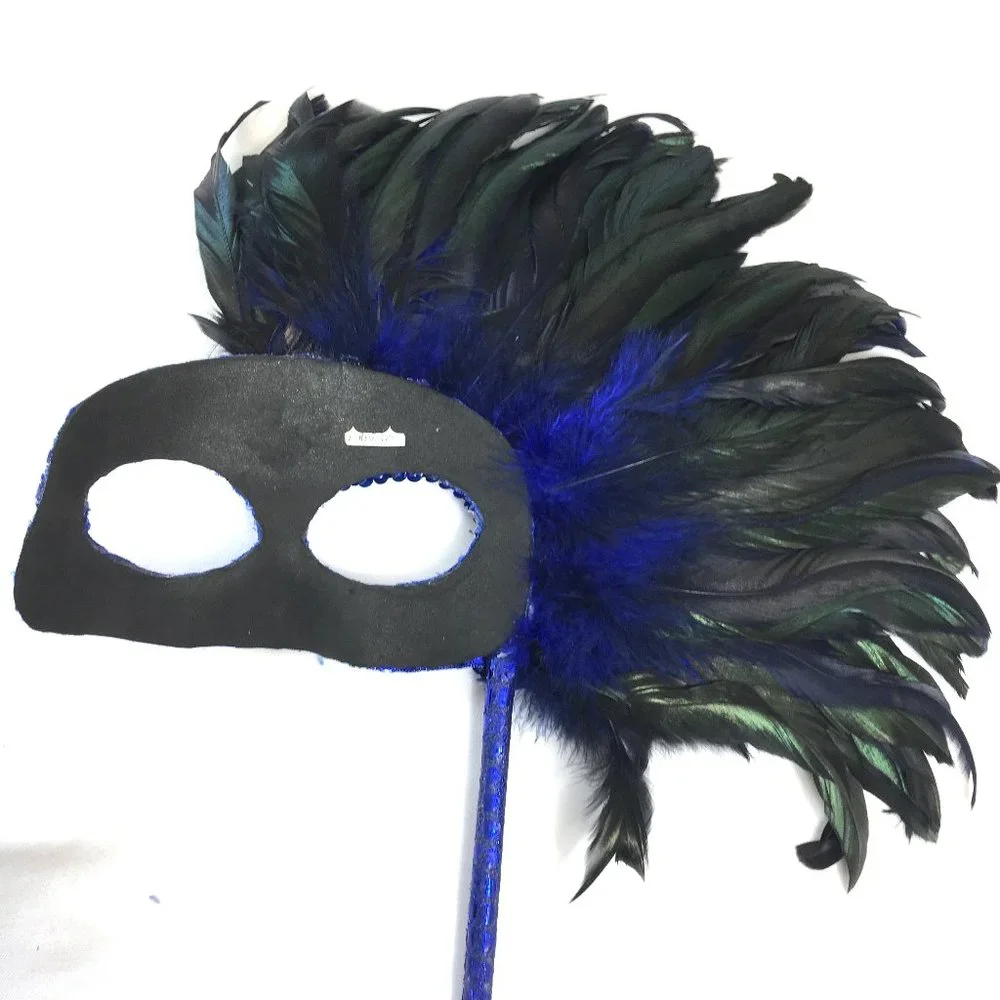 VENETIAN Mask Harlequin Blue Sequin w Black Feathers w/ Handle * NWOT NOS